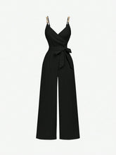 Apricot Wrap Style Chain Decor Tie-Up Bow Jumpsuit, Comfy, 70s Boho Western Feel